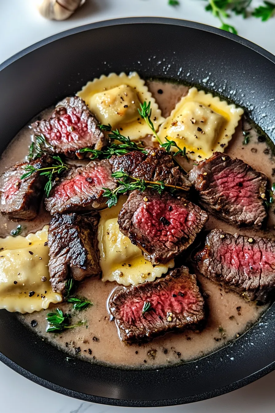 One-Skillet Garlic Butter Steak & Cheese Ravioli – Recipes Dish